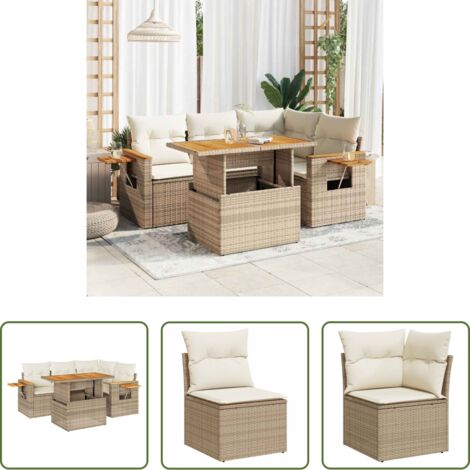 vidaXL Cuscini da giardino -  Set Divano da Giardino 5 pz con Cuscini Beige Polyrattan Acacia