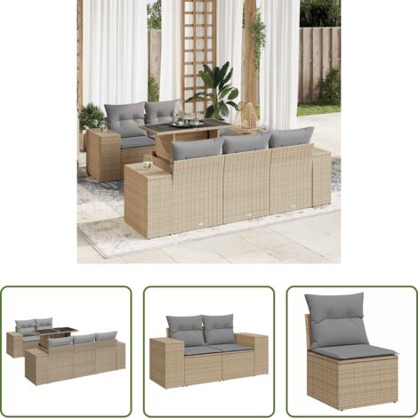 vidaXL Cuscini da giardino -  Set Divano da Giardino 6 pz con Cuscini Beige in Polyrattan