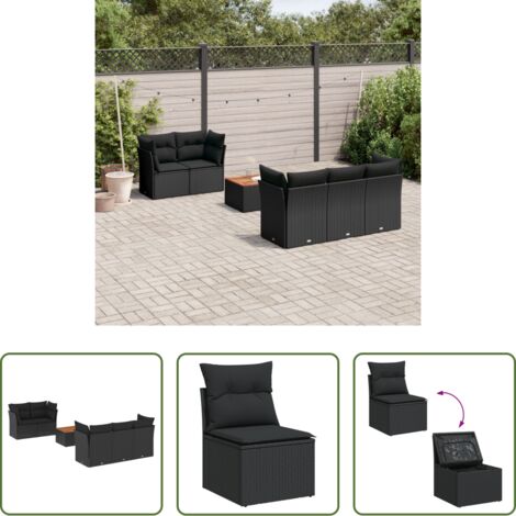 vidaXL Cuscini da giardino -  Set Divano da Giardino 6 pz con Cuscini Nero in Polyrattan