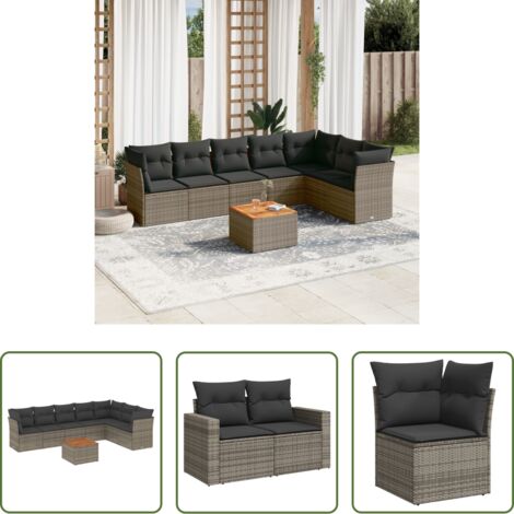 vidaXL Cuscini da giardino -  Set Divano da Giardino 8 pz con Cuscini Grigio in Polyrattan