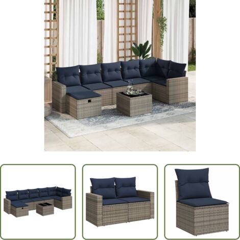 vidaXL Cuscini da giardino -  Set Divano da Giardino 8 pz con Cuscini Grigio in Polyrattan
