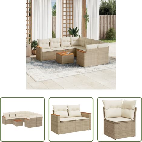 vidaXL Cuscini da giardino -  Set Divano da Giardino 9 pz con Cuscini Beige in Polyrattan