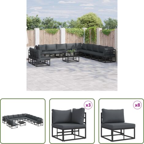 vidaXL Cuscini da giardino -  Set Divano da Giardino con cuscino 12 pcs Nero Alluminio