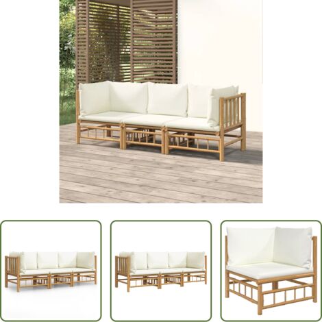 vidaXL Cuscini da giardino -  Set Salotto da Giardino 3pz con Cuscini Bianco Crema in Bambù
