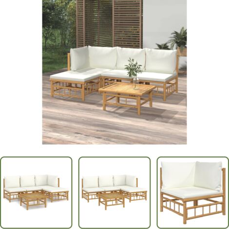 vidaXL Cuscini da giardino -  Set Salotto da Giardino 5pz con Cuscini Bianco Crema in Bambù