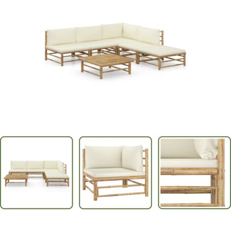 vidaXL Cuscini da giardino -  Set Salotto da Giardino 6pz con Cuscini Bianco Crema in Bambù