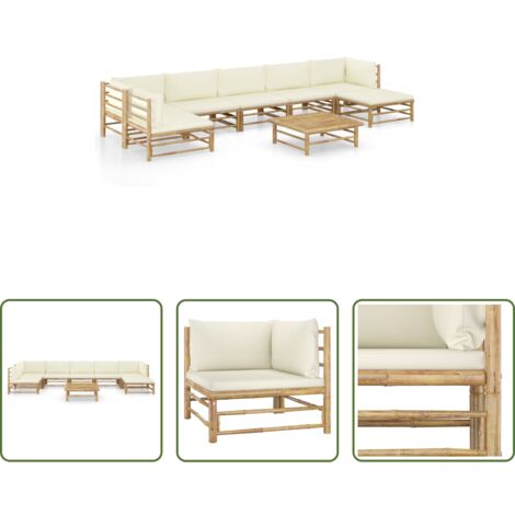 vidaXL Cuscini da giardino -  Set Salotto da Giardino 8pz con Cuscini Bianco Crema in Bambù