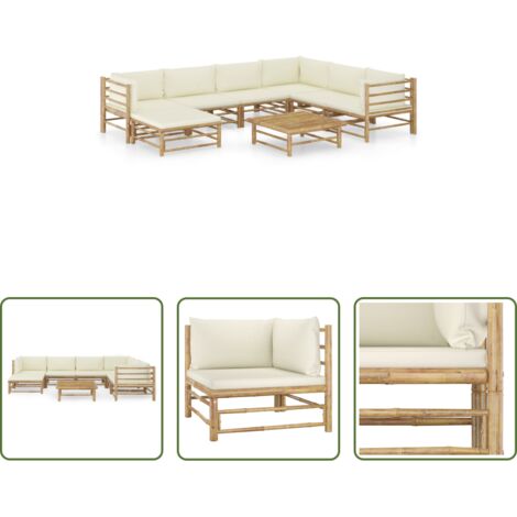 vidaXL Cuscini da giardino -  Set Salotto da Giardino 8pz con Cuscini Bianco Crema in Bambù