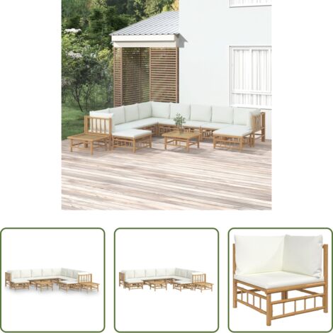 vidaXL Cuscini da sedile -  Set Salotto da Giardino 12pz con Cuscini Bianco Crema in Bambù