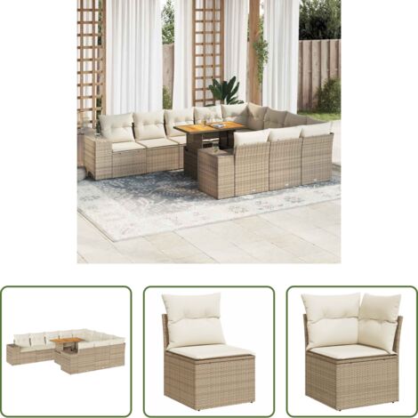 vidaXL Cuscini da seduta -  Divano da Giardino 10 pz con Cuscini Beige in Polyrattan Acacia