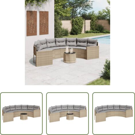 vidaXL Cuscini da seduta -  Divano Giardino Tavolo e Cuscini Semicircolare Beige Polyrattan