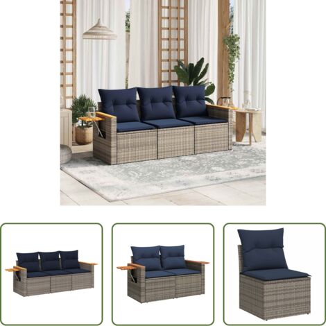 vidaXL Cuscini da seduta -  Set Divani da Giardino 3 pz con Cuscini Grigio in Polyrattan