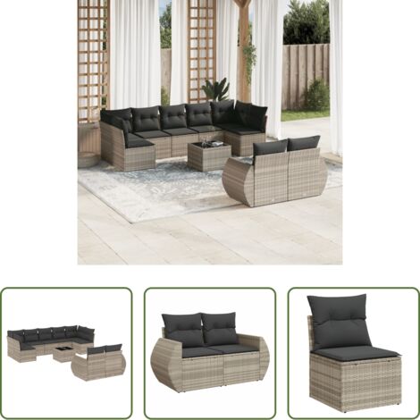 vidaXL Cuscini da seduta -  Set Divano Giardino 10 pz con Cuscini Grigio Chiaro Polyrattan