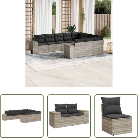 vidaXL Cuscini da seduta -  Set Divano Giardino 10 pz con Cuscini Grigio Chiaro Polyrattan