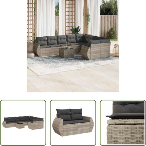 vidaXL Cuscini da seduta -  Set Divano Giardino 10 pz con Cuscini Grigio Chiaro Polyrattan