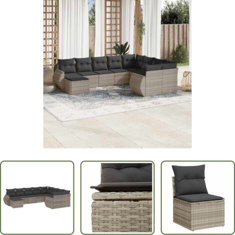 vidaXL Cuscini da seduta -  Set Divano Giardino 10 pz con Cuscini Grigio Chiaro Polyrattan