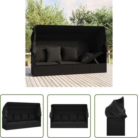 vidaXL Cuscini esterni -  Lettino Prendisole Esterno con Tetto e Cuscini Nero Polyrattan