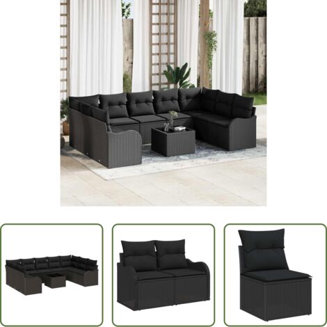 vidaXL Cuscini esterni -  Set Divano da Giardino con cuscino 10 pcs Nero Poly Rattan