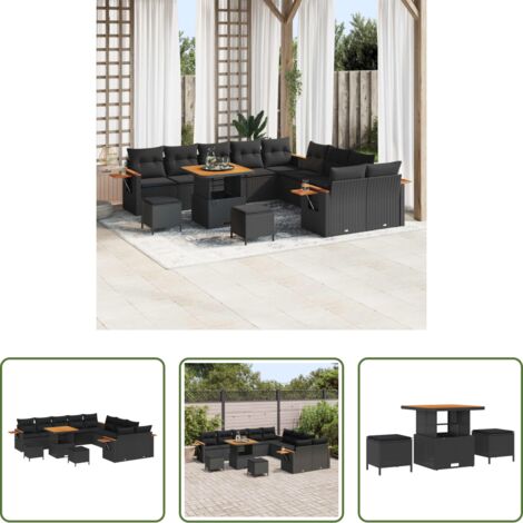 vidaXL Cuscini esterni -  Set Divano da Giardino con cuscino 17 pcs Nero polyrattan