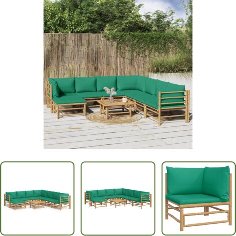 vidaXL Cuscini in bambù -  Set Salotto da Giardino 9pz con Cuscini Verdi Bambù