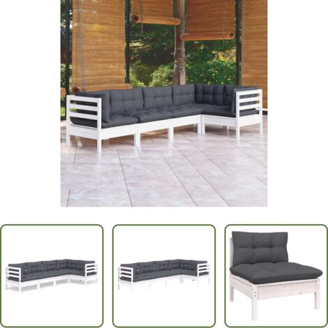 vidaXL Cuscini per divano -  Set Divani da Giardino 5 pz con Cuscini Bianchi Legno di Pino