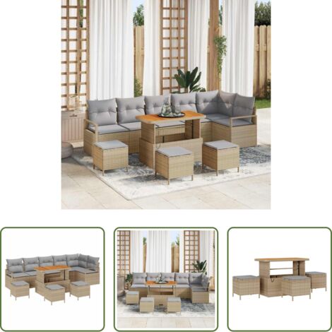 vidaXL Cuscini per esterni -  Set Divano da Giardino con cuscino 10 pcs Beige Poly Rattan