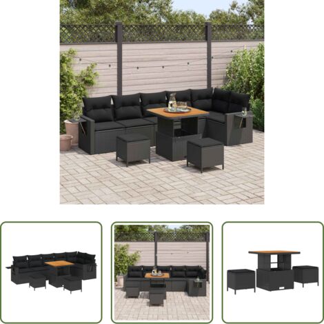 vidaXL Cuscini per esterni -  Set Divano da Giardino con cuscino 11 pcs Nero polyrattan