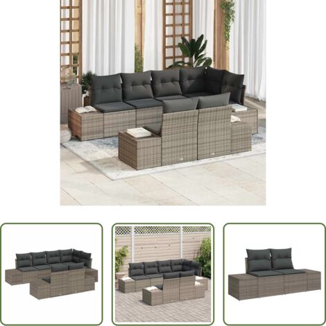 vidaXL Cuscini per esterni -  Set Divano da Giardino con cuscino 7 pcs Grigio Poly Rattan
