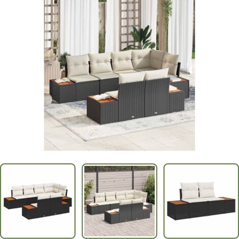 vidaXL Cuscini per esterni -  Set Divano da Giardino con cuscino 7 pcs Nero polyrattan