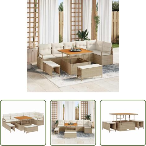 vidaXL Cuscini per esterni -  Set Divano da Giardino con cuscino 9 pcs Beige Poly Rattan