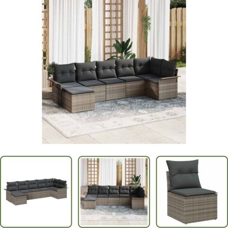 vidaXL Cuscini per sedile -  Set Divano da Giardino con cuscino 7 pcs Grigio polyrattan
