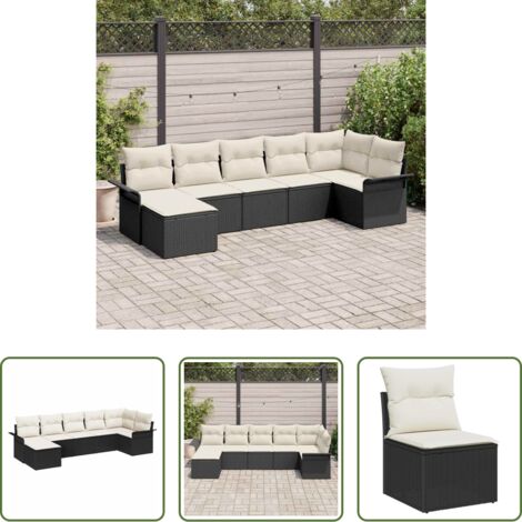 vidaXL Cuscini per sedile -  Set Divano da Giardino con cuscino 7 pcs Nero polyrattan
