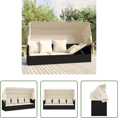 vidaXL Cuscini per seduta - Lettino Prendisole Esterno con Tetto e Cuscini Nero Polyrattan