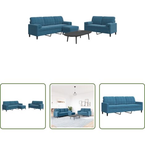 vidaXL Cuscini -  Set di Divani 3 pz con Cuscini e Rinforzi Blu in Velluto