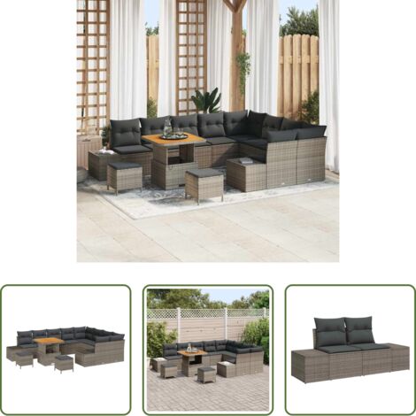 vidaXL Cuscini -  Set Divano da Giardino con cuscino 12 pcs Grigio Poly Rattan