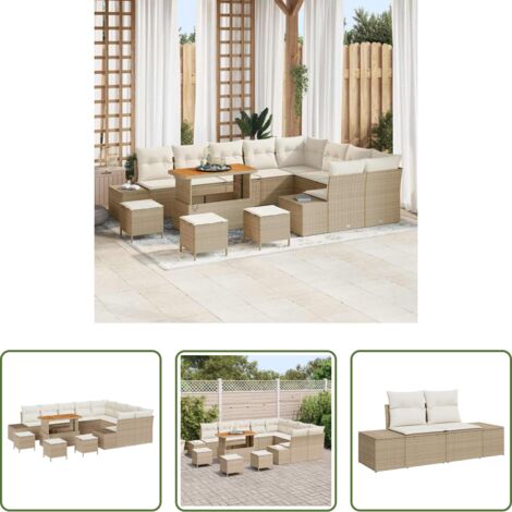 vidaXL Cuscini -  Set Divano da Giardino con cuscino 13 pcs Beige Poly Rattan