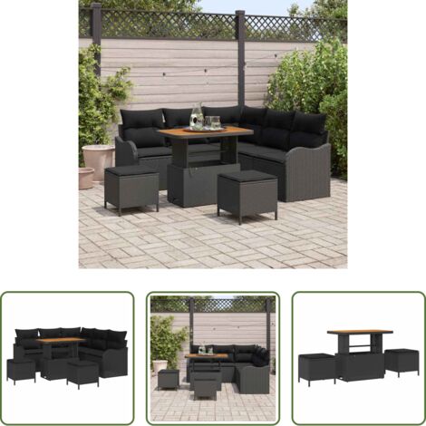 vidaXL Cuscini -  Set Divano da Giardino con cuscino 8 pcs Nero polyrattan
