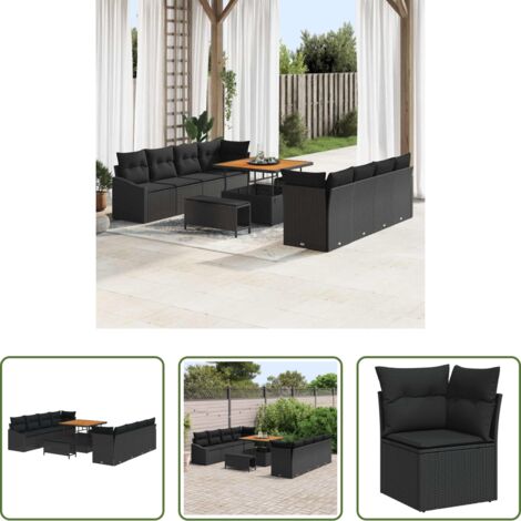 vidaXL Cuscini -  Set Divano da Giardino con cuscino con cuscino 11 pcs Nero