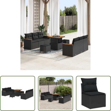 vidaXL Cuscini sfoderabili -  Set Divano da Giardino 9 pcs Nero polyrattan