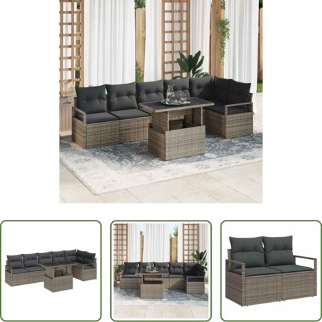 vidaXL Cuscino da esterno -  Set Divano da Giardino con cuscino 7 pcs Grigio Poly Rattan