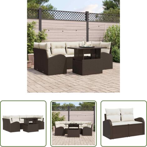 vidaXL Cuscino da esterno -  Set Divano da Giardino con cuscino 7 pcs Marrone Poly Rattan