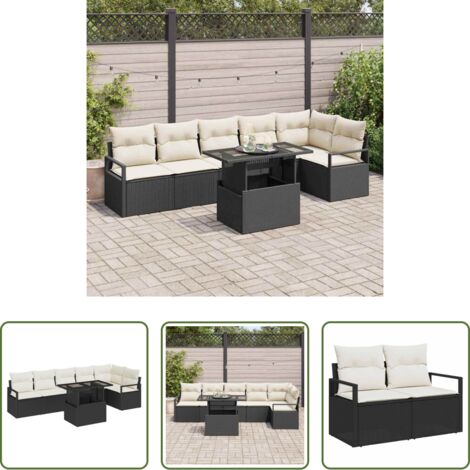 vidaXL Cuscino da esterno -  Set Divano da Giardino con cuscino 7 pcs Nero Poly Rattan
