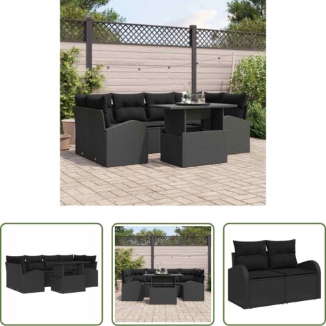 vidaXL Cuscino da esterno -  Set Divano da Giardino con cuscino 7 pcs Nero Poly Rattan