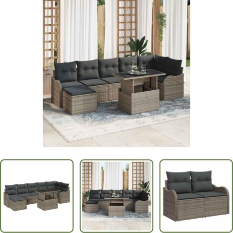 vidaXL Cuscino da esterno -  Set Divano da Giardino con cuscino 8 pcs Grigio Poly Rattan