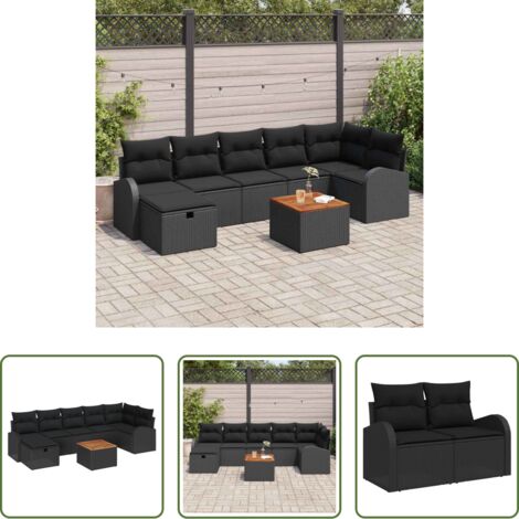 vidaXL Cuscino da esterno -  Set Divano da Giardino con cuscino 8 pcs Nero polyrattan