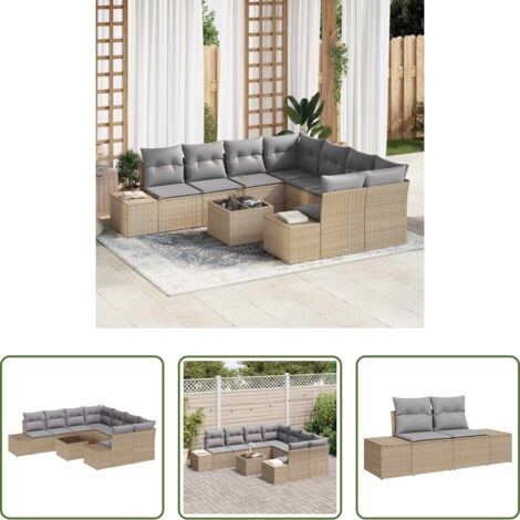 vidaXL Cuscino da esterno -  Set Divano da Giardino con cuscino 9 pcs Beige polyrattan
