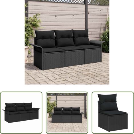 vidaXL Cuscino da giardino -  Set di divani con cuscino 3 pcs Nero polyrattan