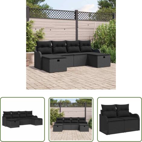 vidaXL Cuscino da giardino -  Set di divani con cuscino 6 pcs Nero polyrattan