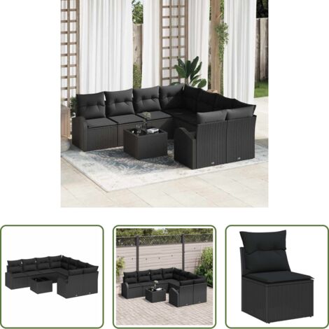 vidaXL Cuscino da giardino -  Set di divani con cuscino 9 pcs Nero polyrattan