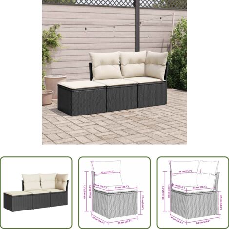 vidaXL Cuscino da giardino -  Set Divani da Giardino 3 pz con Cuscini in Polyrattan Nero
